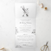 'X' Monogram Schöne gezeichnete Blumenhochzeit Dreifach Gefaltete Einladung (Innenseite)