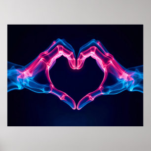 X-Ray der Hände in Herzform - Neon Pink und Blau Poster