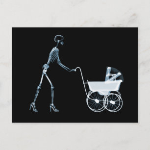 X-RAY SKELETON FRAU & BABY CARRIAGE - BLAU POSTKARTE