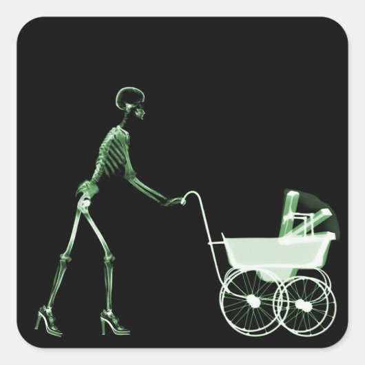 X-RAY SKELETON FRAU & BABY CARRIAGE - GRÜNE QUADRATISCHER AUFKLEBER (Vorderseite)
