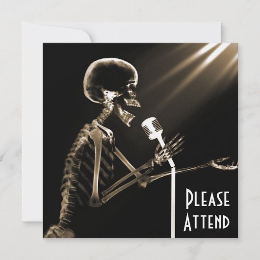 X-RAY SKELETON SINGING AUF RETRO MIC - SEPIA EINLADUNG (Vorderseite)