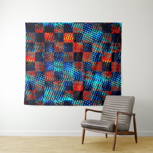 Xadrez azul, laranja, Fake sujo com manchas. Wandteppich (Beispiel (Horizontal))