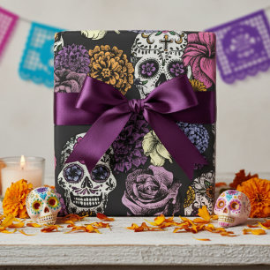 XL Bunte Mexikanische Zuckerschädel Blumen Schwarz Geschenkpapier