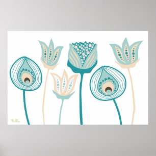 XL-Türkis-Aqua-Vintage Funky Blumen-Kunst Poster