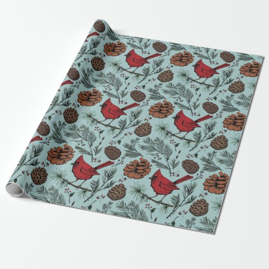 XL Winter Roter Kardinal und Pine Cones Geschenkpapier (Ungerollt)
