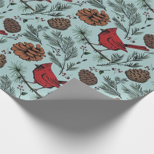 XL Winter Roter Kardinal und Pine Cones Geschenkpapier (Ecke)