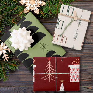 Xmas Baum GIfts und Fa La La Red Green Beige Geschenkpapier Set