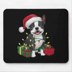 Xmas-Beleuchtung Santa Hut Boston Terrier Hund Wei Mousepad