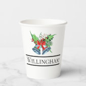 Xmas Bells Red Berries Evergreen Name Initial Pappbecher (Rückseite)