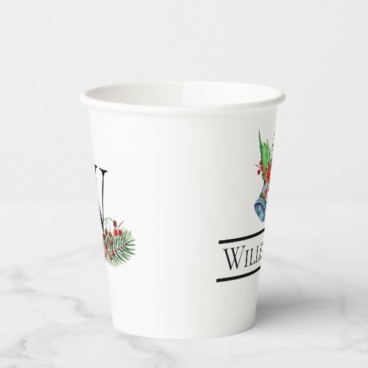 Xmas Bells Red Berries Evergreen Name Initial Pappbecher (Links)