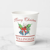 Xmas Bells Red Berries Evergreen Name Paper Cup Pappbecher (Rückseite)