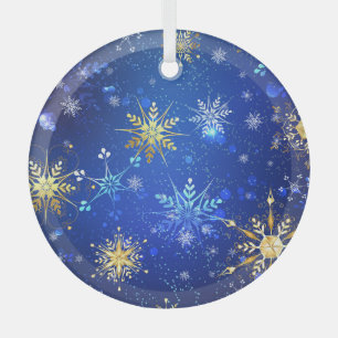 XMAS Blue Background mit dem Label Golden Snowflak Ornament Aus Glas