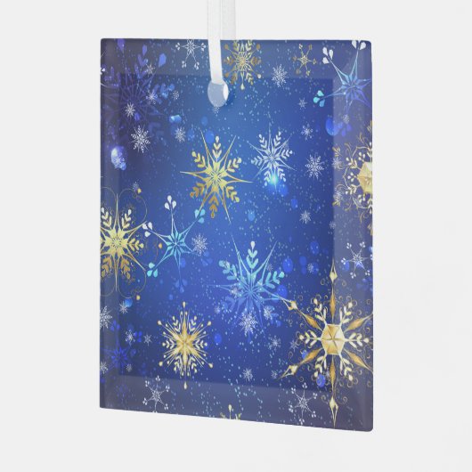 XMAS Blue Background mit dem Label Golden Snowflak Ornament Aus Glas (Vorderseite links)