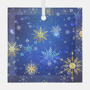 XMAS Blue Background mit dem Label Golden Snowflak Ornament Aus Glas