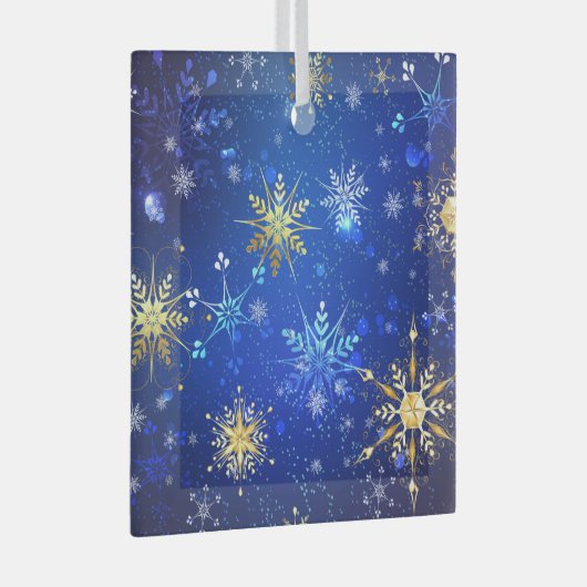 XMAS Blue Background mit dem Label Golden Snowflak Ornament Aus Glas (Vorderseite Rechts)