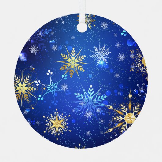 XMAS Blue Background mit dem Label Golden Snowflak Ornament Aus Metall (Vorderseite)