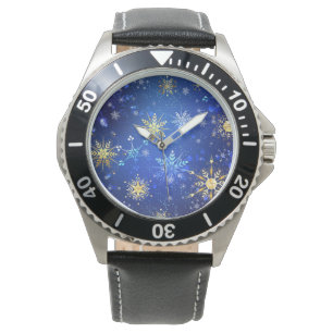 XMAS Blue Background mit goldenen Schneeflocken Armbanduhr
