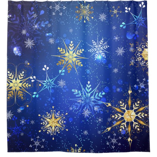 XMAS Blue Background mit goldenen Schneeflocken Duschvorhang (Vorderseite)