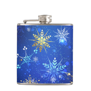XMAS Blue Background mit goldenen Schneeflocken Flachmann