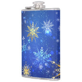 XMAS Blue Background mit goldenen Schneeflocken Flachmann (Links)