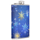 XMAS Blue Background mit goldenen Schneeflocken Flachmann (Rechts)
