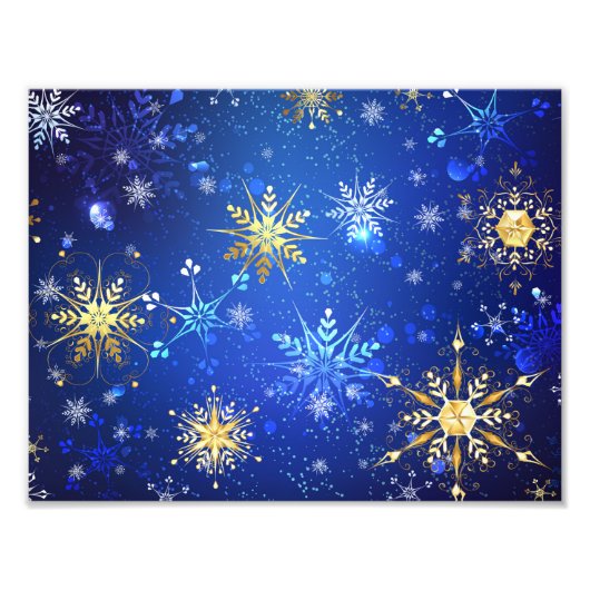XMAS Blue Background mit goldenen Schneeflocken Fotodruck (Vorne)