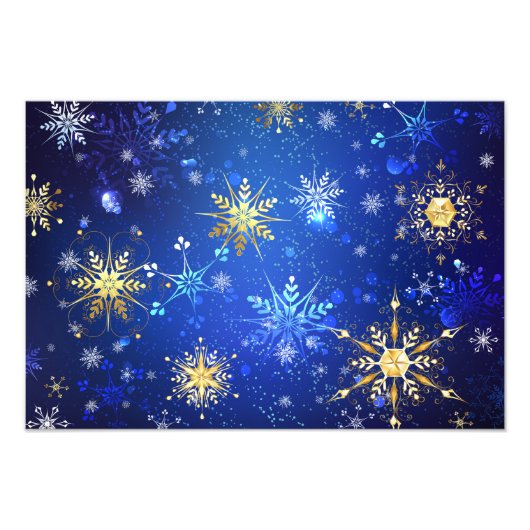 XMAS Blue Background mit goldenen Schneeflocken Fotodruck (Vorne)