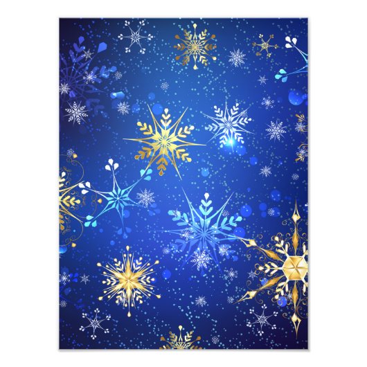 XMAS Blue Background mit goldenen Schneeflocken Fotodruck (Vorne)