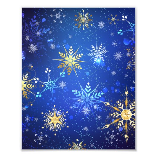XMAS Blue Background mit goldenen Schneeflocken Fotodruck (Vorne)