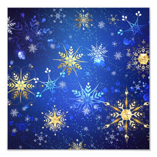 XMAS Blue Background mit goldenen Schneeflocken Fotodruck (Vorne)