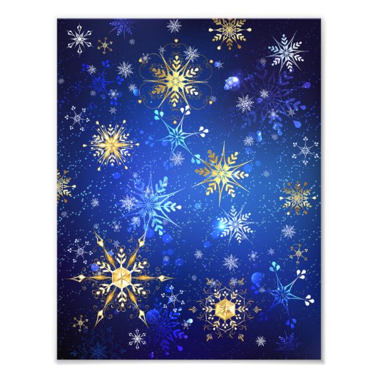XMAS Blue Background mit goldenen Schneeflocken Fotodruck (Vorne)