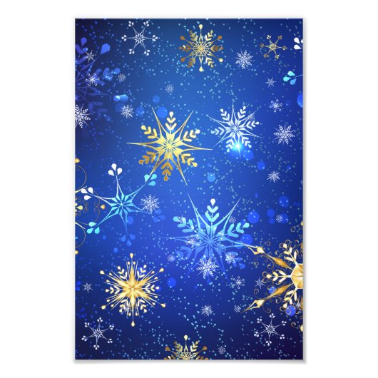 XMAS Blue Background mit goldenen Schneeflocken Fotodruck (Vorne)