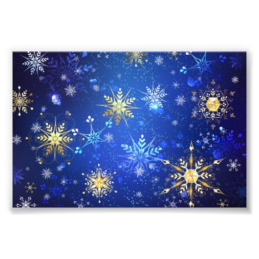 XMAS Blue Background mit goldenen Schneeflocken Fotodruck (Vorne)