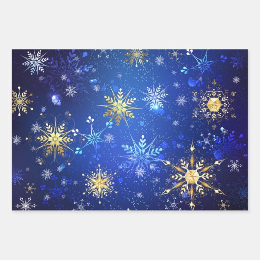 XMAS Blue Background mit goldenen Schneeflocken Geschenkpapier Set (Vorderseite 3)