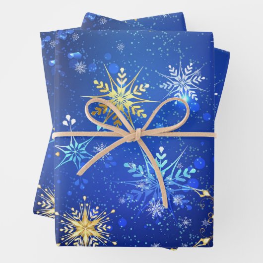XMAS Blue Background mit goldenen Schneeflocken Geschenkpapier Set (Beispiel)