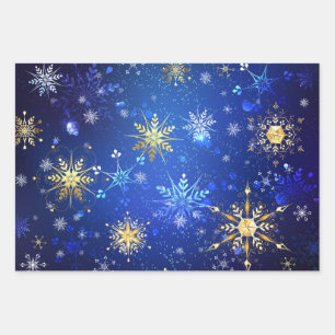 XMAS Blue Background mit goldenen Schneeflocken Geschenkpapier Set