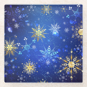XMAS Blue Background mit goldenen Schneeflocken Glasuntersetzer