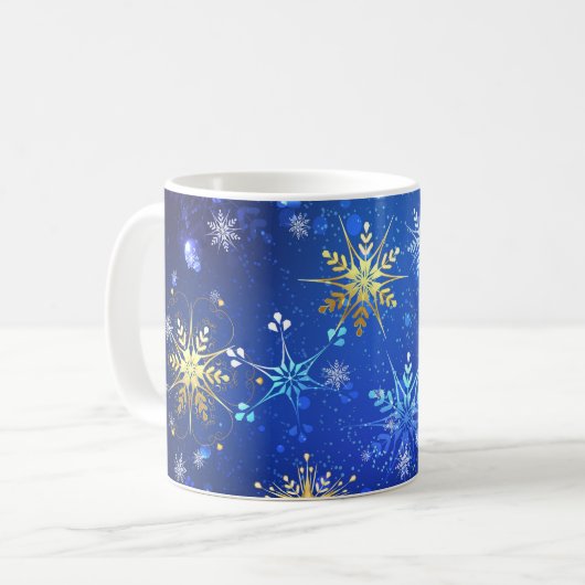 XMAS Blue Background mit goldenen Schneeflocken Kaffeetasse (Vorderseite Links)
