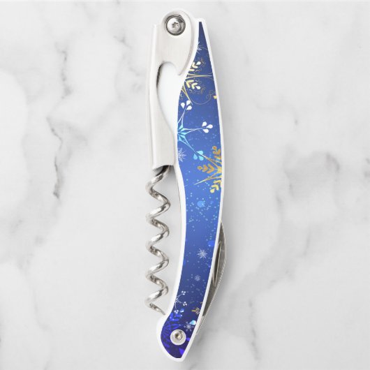 XMAS Blue Background mit goldenen Schneeflocken Kellnermesser (Vorderseite)