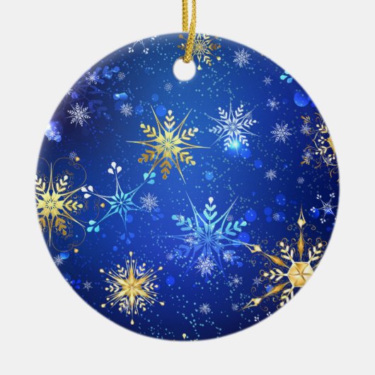 XMAS Blue Background mit goldenen Schneeflocken Keramik Ornament (Vorne)