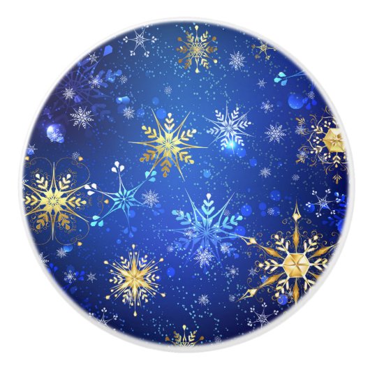 XMAS Blue Background mit goldenen Schneeflocken Keramikknauf (Vorderseite)