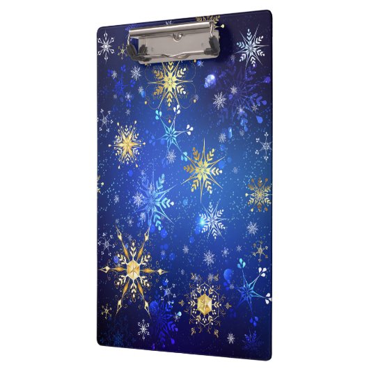 XMAS Blue Background mit goldenen Schneeflocken Klemmbrett (Links)
