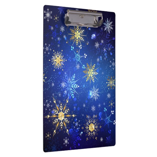 XMAS Blue Background mit goldenen Schneeflocken Klemmbrett (Rechts)