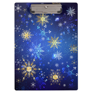 XMAS Blue Background mit goldenen Schneeflocken Klemmbrett