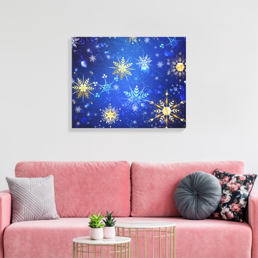 XMAS Blue Background mit goldenen Schneeflocken Leinwanddruck (Insitu (Wohnzimmer))