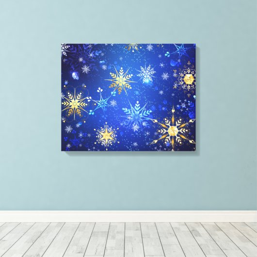 XMAS Blue Background mit goldenen Schneeflocken Leinwanddruck (Insitu (Holzboden))
