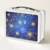 XMAS Blue Background mit goldenen Schneeflocken Metall Brotdose (Rückseite)