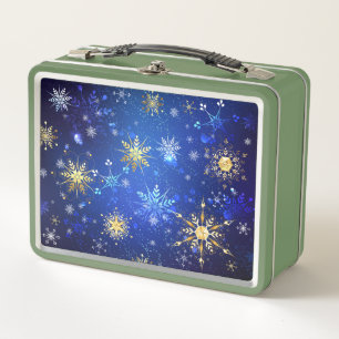 XMAS Blue Background mit goldenen Schneeflocken Metall Brotdose