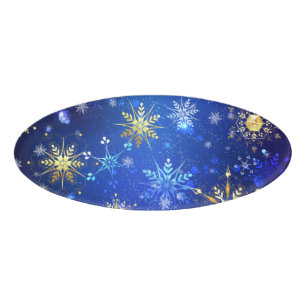 XMAS Blue Background mit goldenen Schneeflocken Namenschild