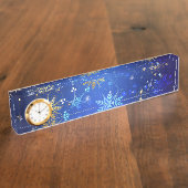 XMAS Blue Background mit goldenen Schneeflocken Namensplakette (Seite)